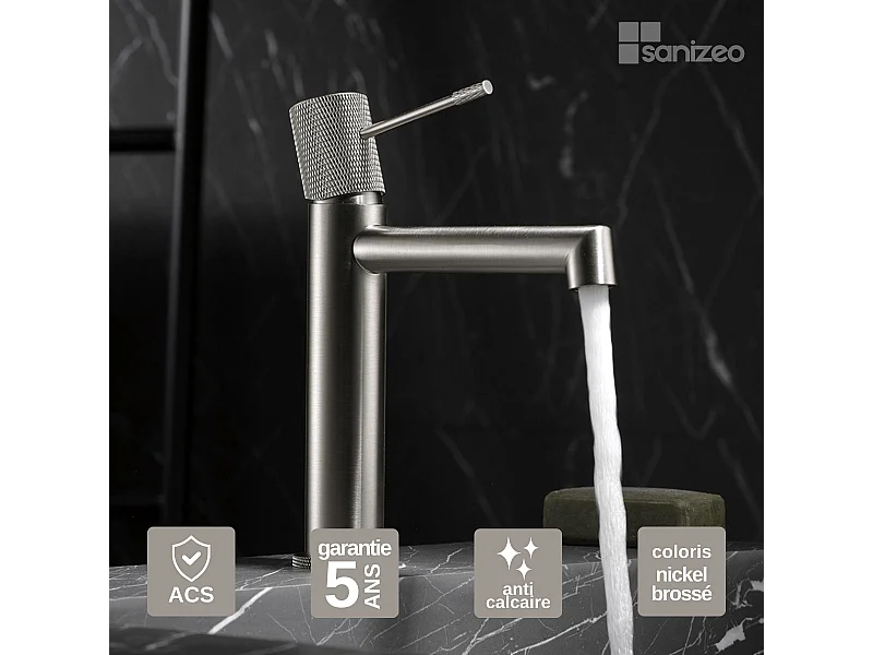 Mitigeur Lavabo Salle de Bain niquel brossé – Bec Bas Anti-Calcaire – Design Moderne - LINE IMEX