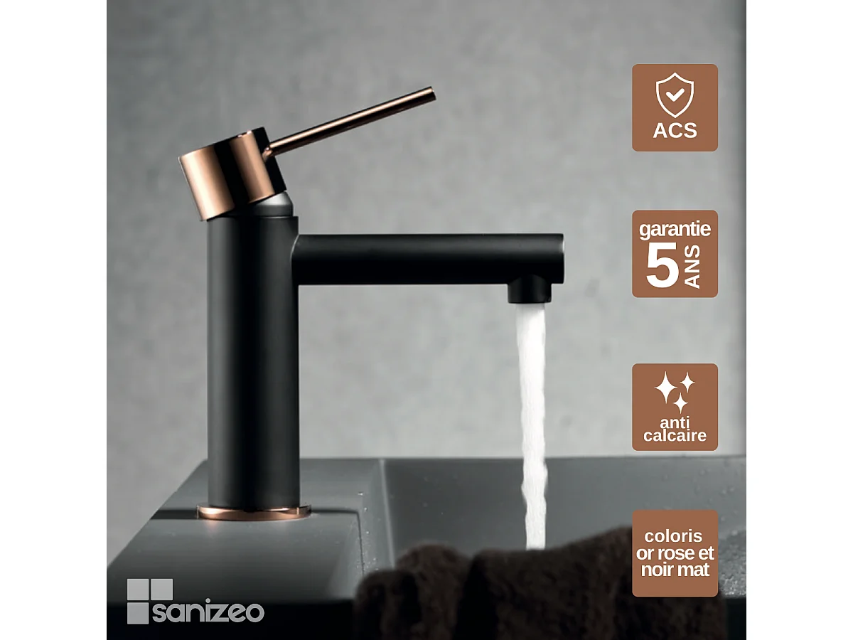 Mitigeur Lavabo Salle de Bain noir/or – Bec Bas Anti-Calcaire – Design Moderne - MILOS STICK IMEX