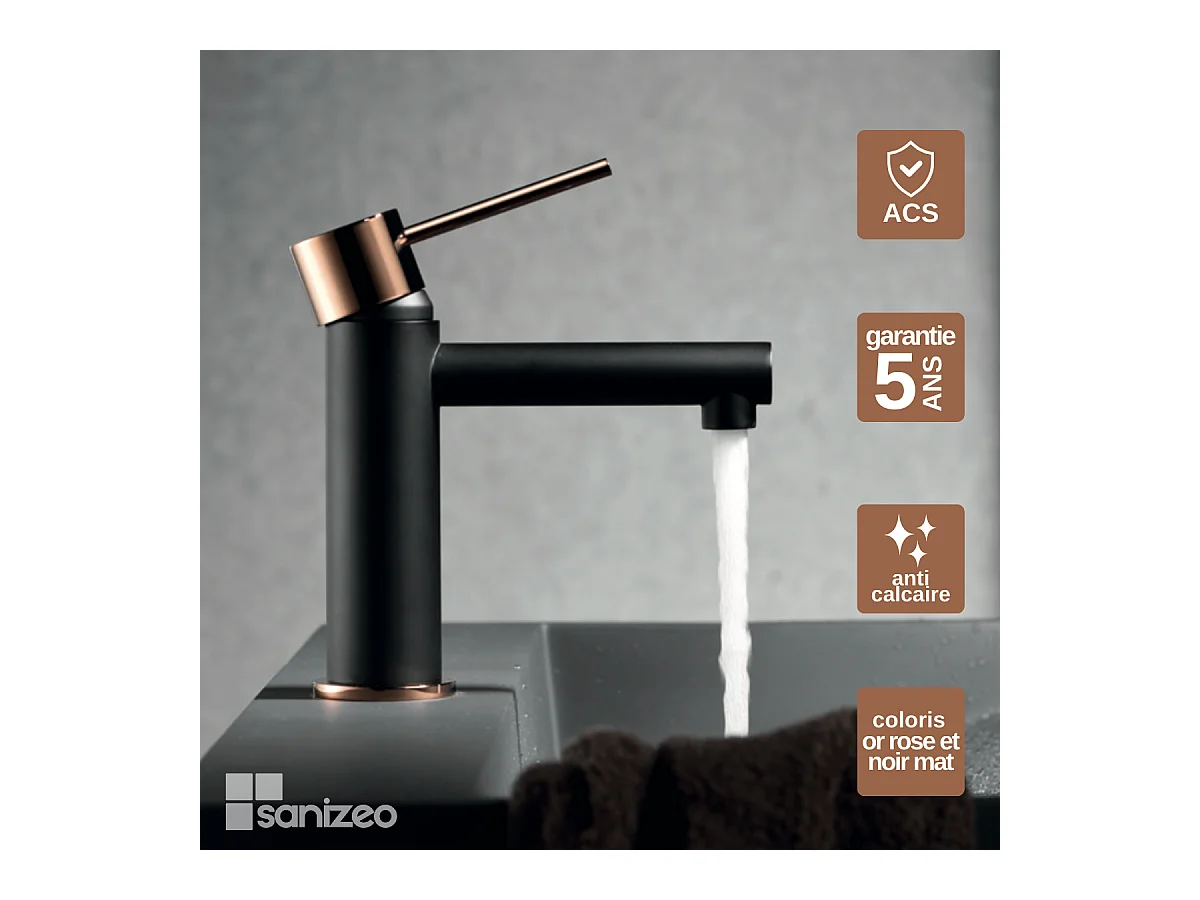 Robinet Mitigeur de Lavabo Anti-Calcaire Bec Bas Noir Mat et Or Rose Cuivré IMEX MILOS STICK BDYS045-1NOR