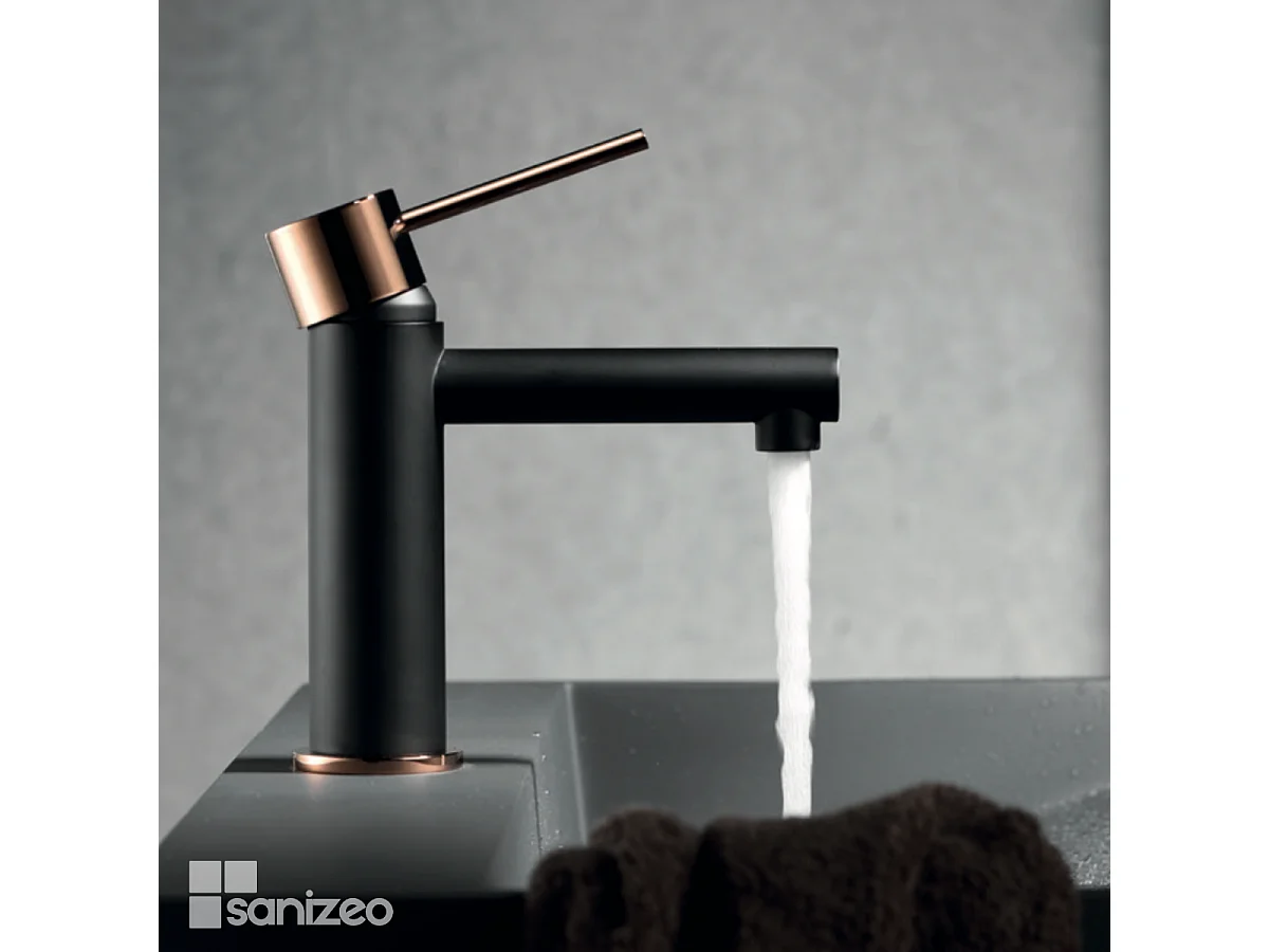 Mitigeur Lavabo Salle de Bain noir/or – Bec Bas Anti-Calcaire – Design Moderne - MILOS STICK IMEX