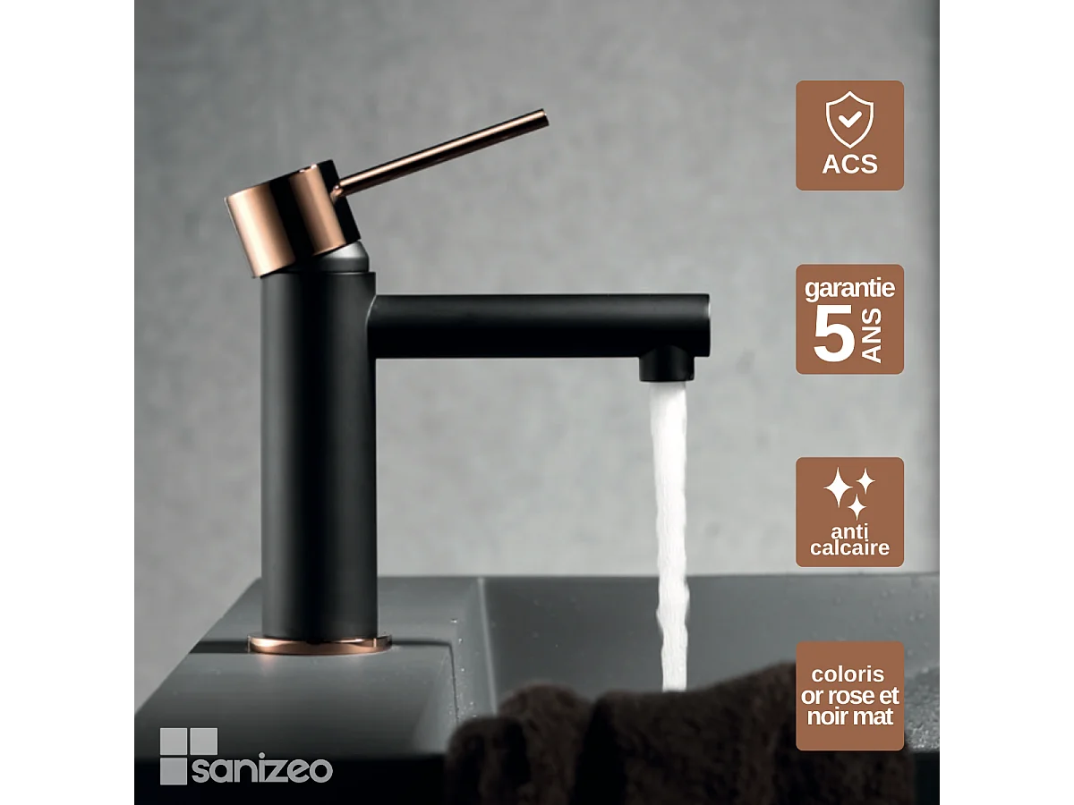 Mitigeur Lavabo Salle de Bain noir/or – Bec Bas Anti-Calcaire – Design Moderne - MILOS STICK IMEX