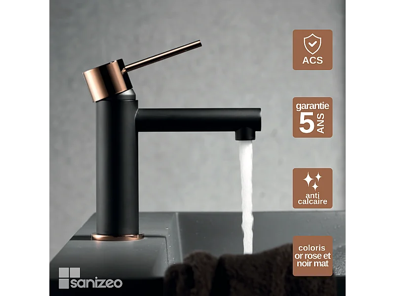Mitigeur Lavabo Salle de Bain noir/or – Bec Bas Anti-Calcaire – Design Moderne - MILOS STICK IMEX