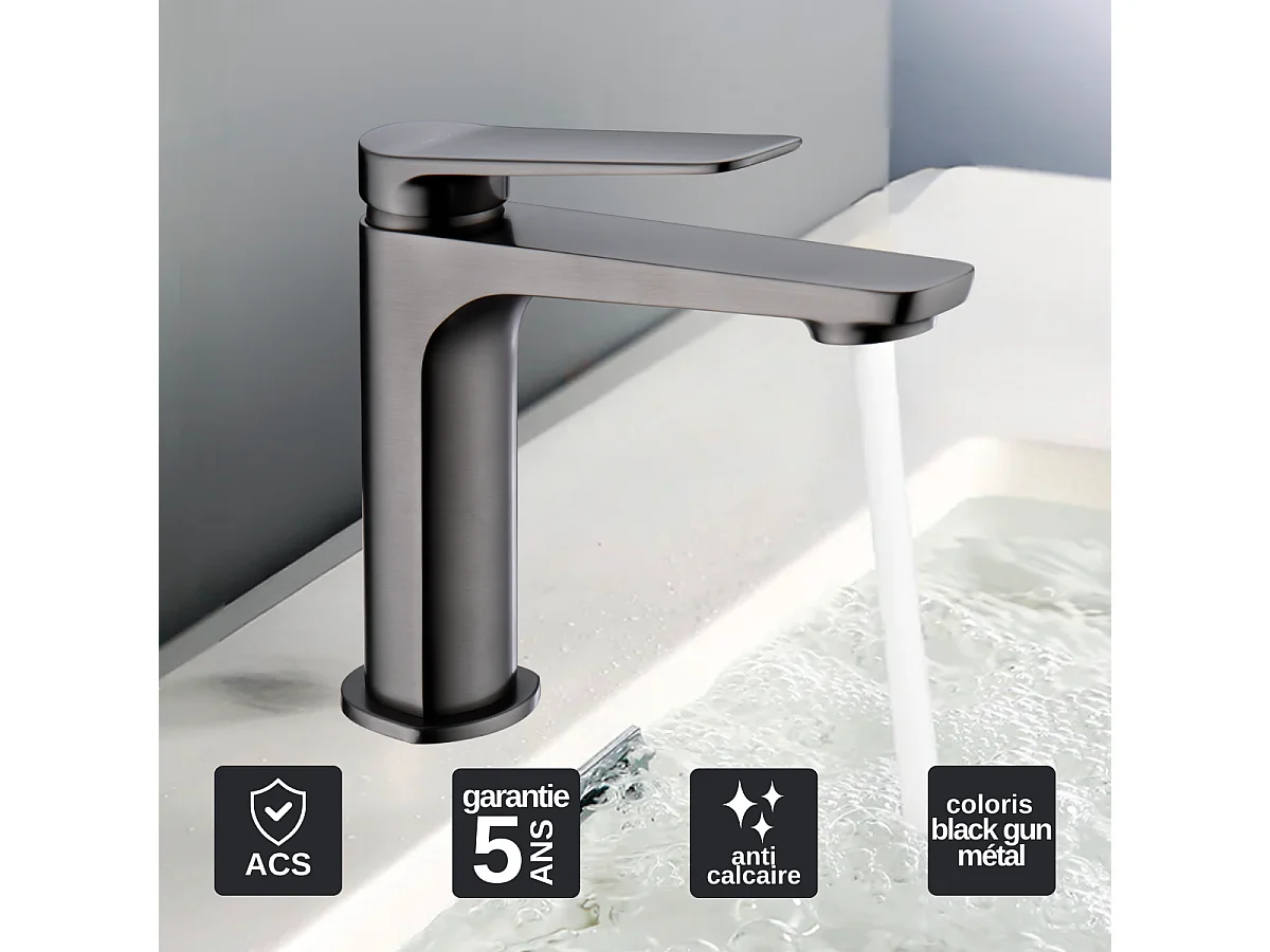 Mitigeur Lavabo Salle de Bain noir métal – Bec Bas Anti-Calcaire – Design Moderne - NAPOLES IMEX