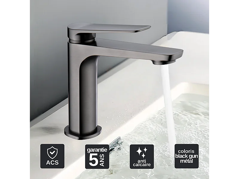 Mitigeur Lavabo Salle de Bain noir métal – Bec Bas Anti-Calcaire – Design Moderne - NAPOLES IMEX