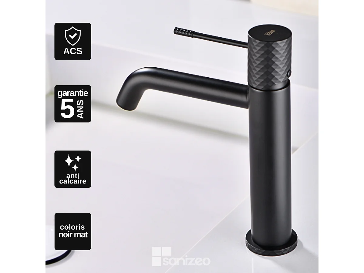Mitigeur Lavabo Salle de Bain noir mat – Bec Bas Anti-Calcaire – Design Moderne - GENOVA IMEX