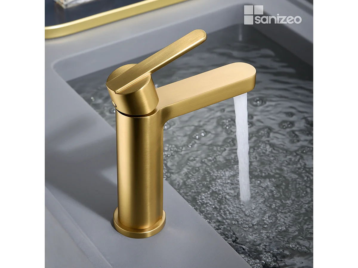 Mitigeur Lavabo Salle de Bain or brossé – Bec Bas Anti-Calcaire – Design moderne - ROMA IMEX