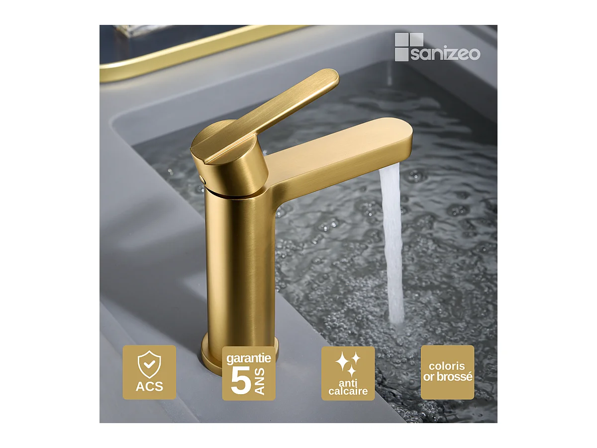 Robinet Mitigeur de Lavabo Anti-Calcaire Bec Bas Or Brossé IMEX ROMA BDR001-1OC