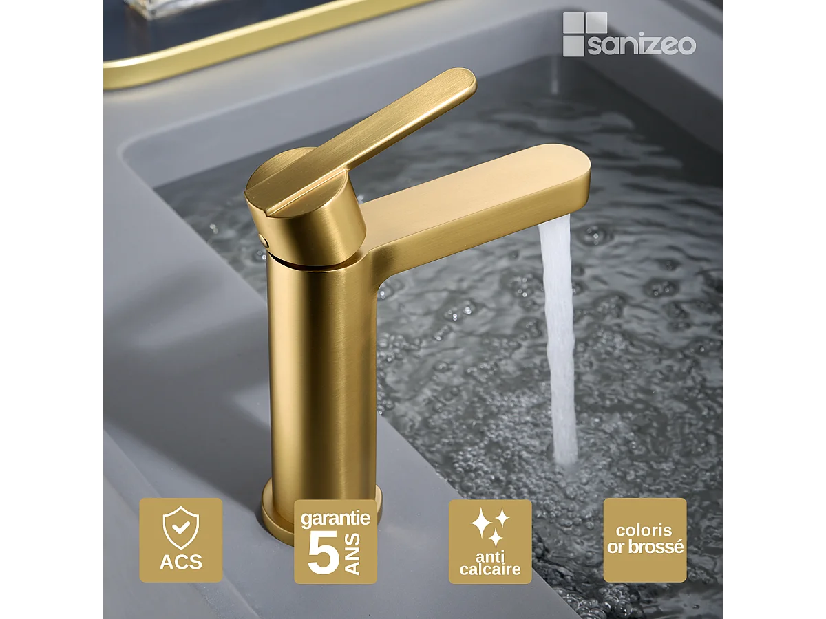 Mitigeur Lavabo Salle de Bain or brossé – Bec Bas Anti-Calcaire – Design moderne - ROMA IMEX