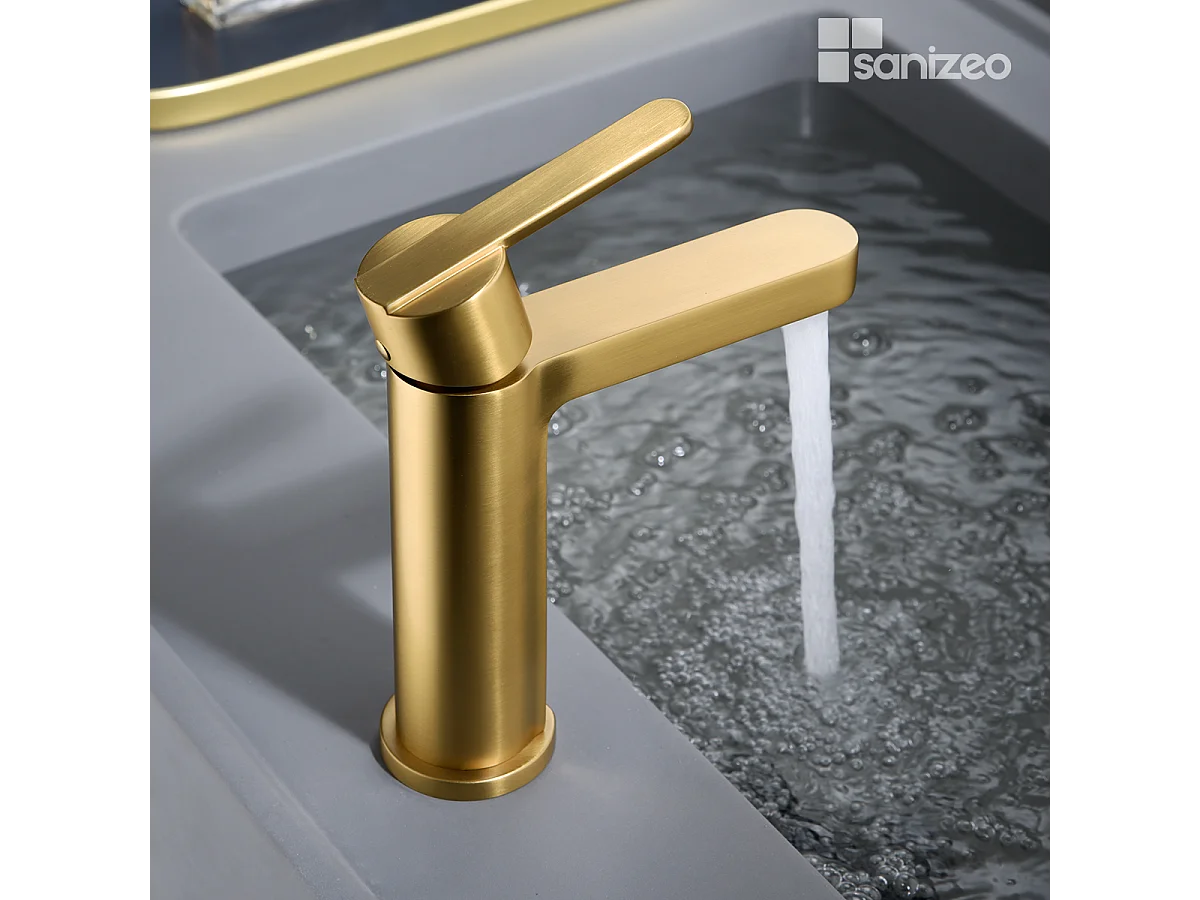 Mitigeur Lavabo Salle de Bain or brossé – Bec Bas Anti-Calcaire – Design moderne - ROMA IMEX