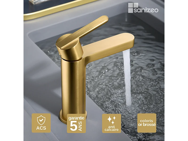 Mitigeur Lavabo Salle de Bain or brossé – Bec Bas Anti-Calcaire – Design moderne - ROMA IMEX