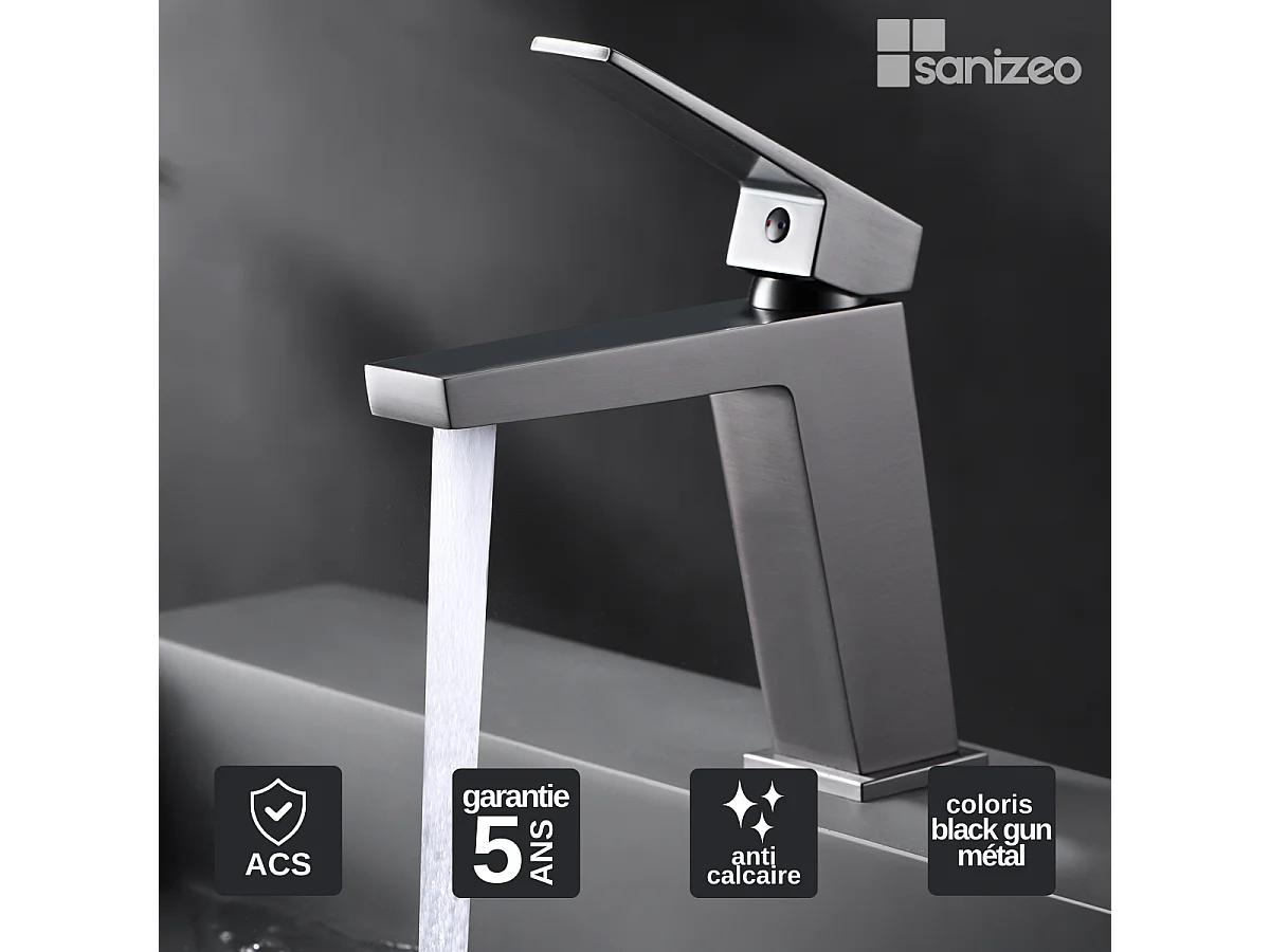 Mitigeur Lavabo Salle de Bain noir métal – Bec Bas Anti-Calcaire – Design moderne - ART IMEX