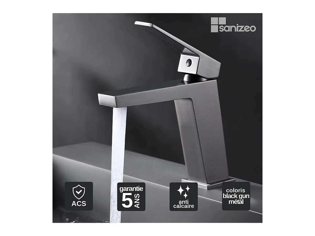Robinet Mitigeur de Lavabo Anti-Calcaire Bec Bas Black Gun Métal IMEX ART BDAR025-1BGM