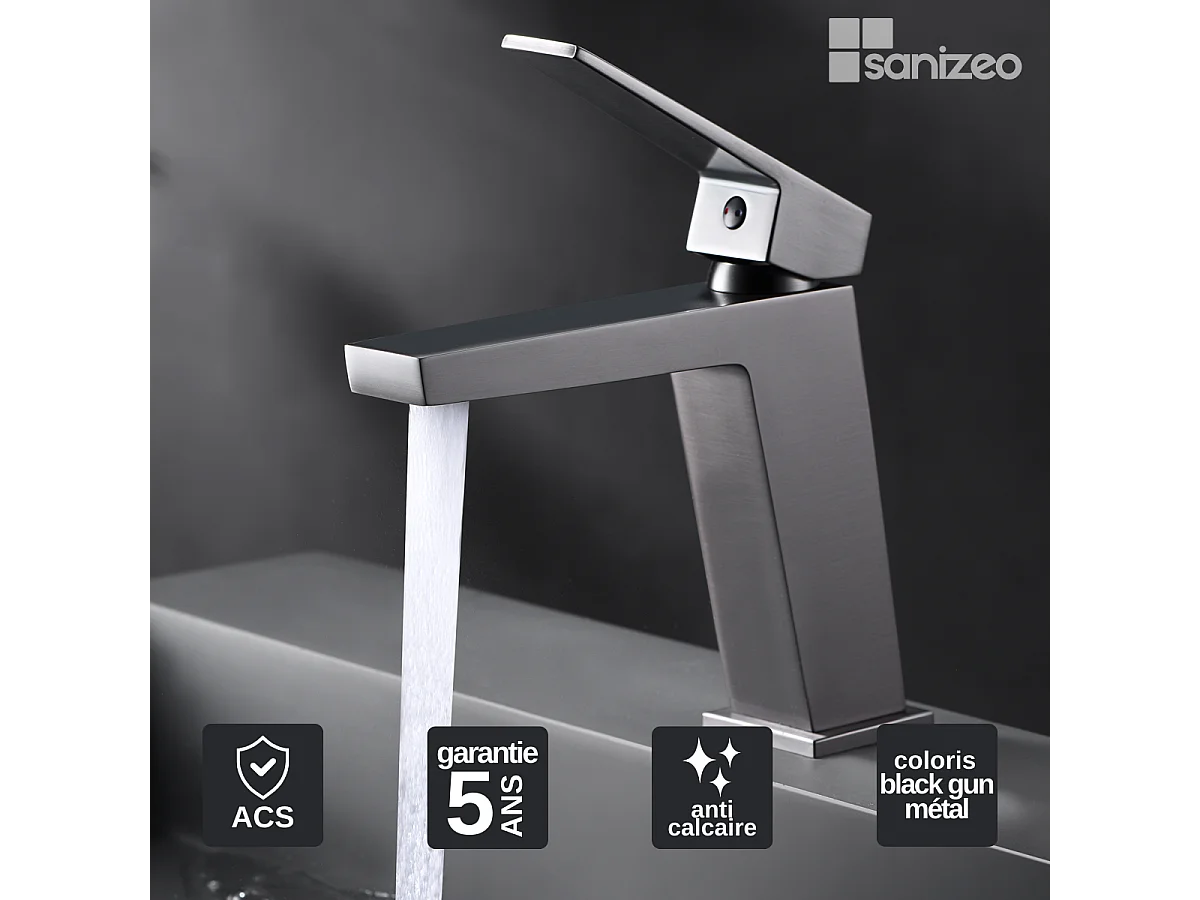 Mitigeur Lavabo Salle de Bain noir métal – Bec Bas Anti-Calcaire – Design moderne - ART IMEX
