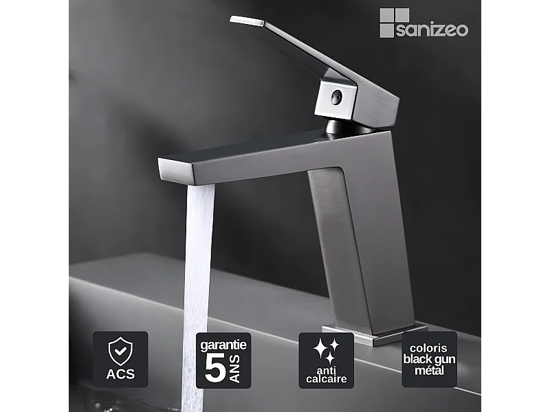 Mitigeur Lavabo Salle de Bain noir métal – Bec Bas Anti-Calcaire – Design moderne - ART IMEX