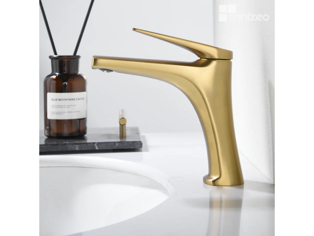 Mitigeur Lavabo Salle de Bain or brossé – Bec Bas Anti-Calcaire – Design moderne - DELOS IMEX
