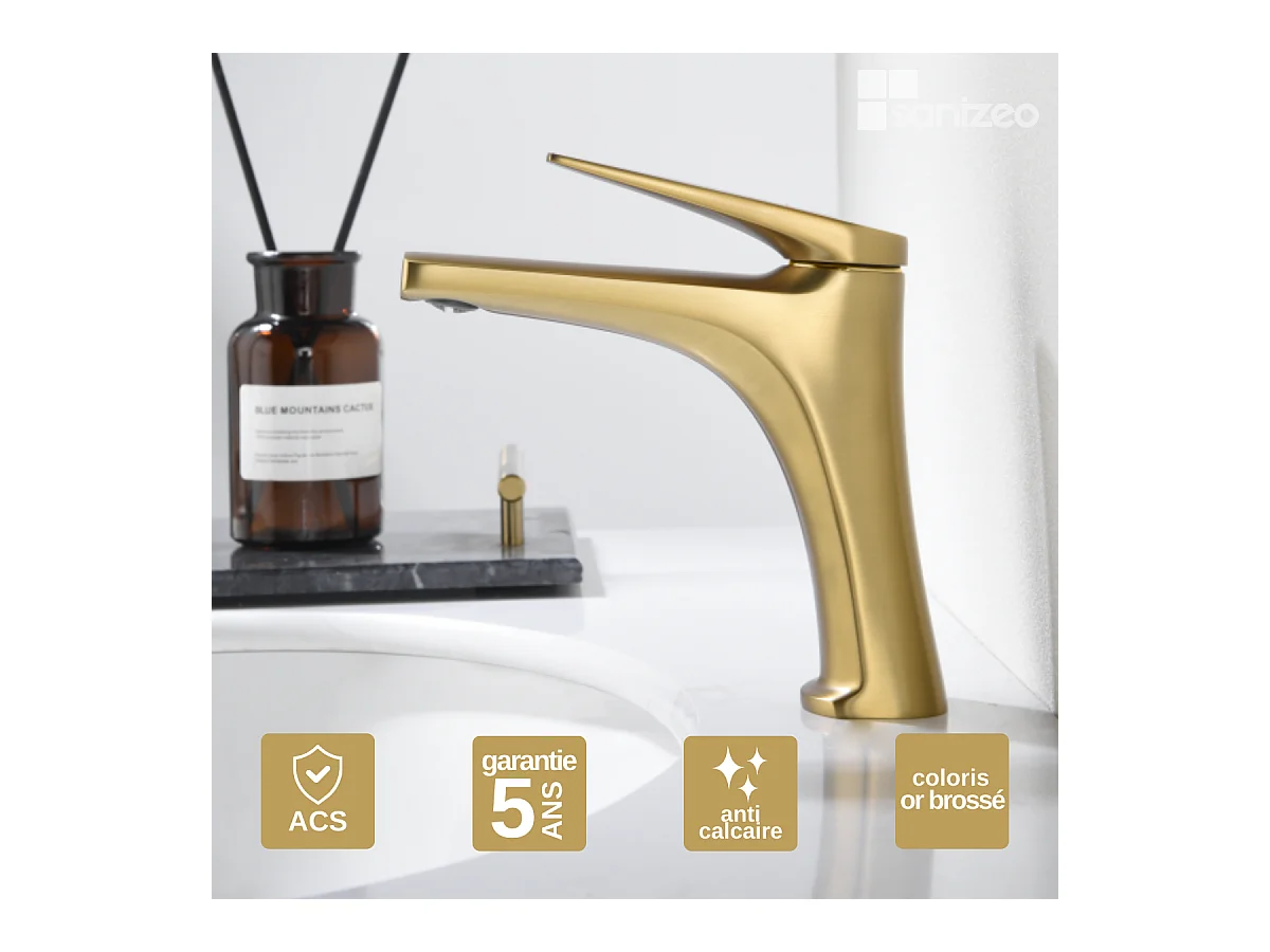 Robinet Mitigeur de Lavabo Bec Bas Anti-Calcaire Or Brossé IMEX DELOS BDD055-1OC