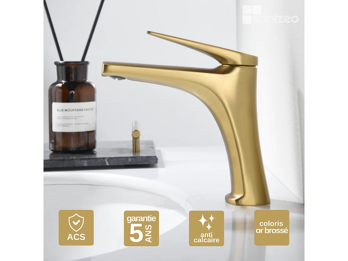 Mitigeur Lavabo Salle de Bain or brossé – Bec Bas Anti-Calcaire – Design moderne - DELOS IMEX