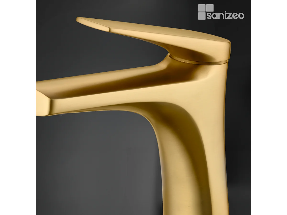 Mitigeur Lavabo Salle de Bain or brossé – Bec Bas Anti-Calcaire – Design moderne - DELOS IMEX