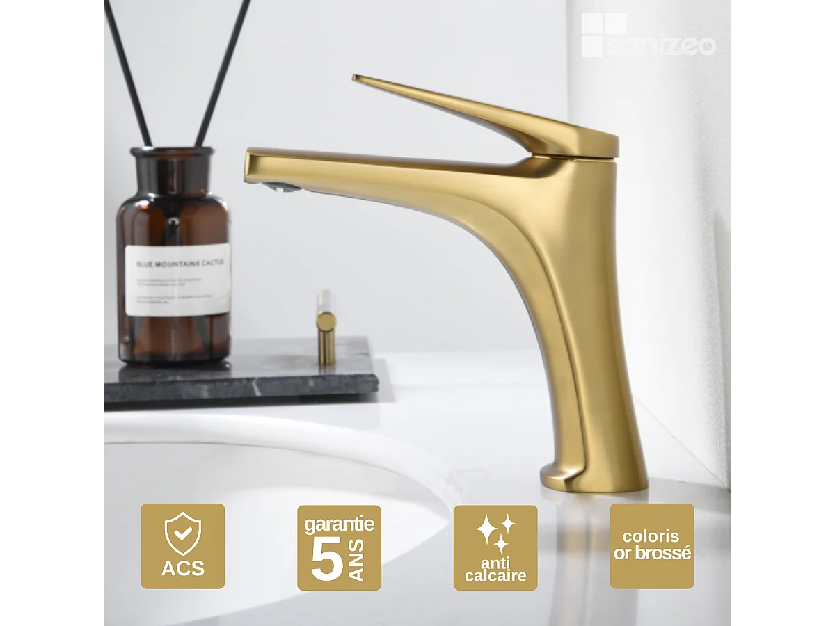 Mitigeur Lavabo Salle de Bain or brossé – Bec Bas Anti-Calcaire – Design moderne - DELOS IMEX