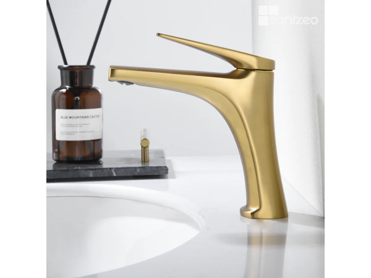 Mitigeur Lavabo Salle de Bain or brossé – Bec Bas Anti-Calcaire – Design moderne - DELOS IMEX