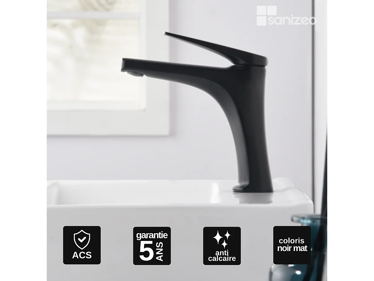 Mitigeur Lavabo Salle de Bain noir mat – Bec Bas Anti-Calcaire – Design moderne - DELOS IMEX
