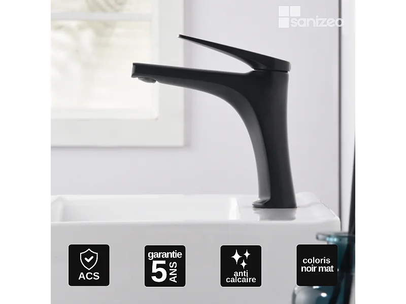 Mitigeur Lavabo Salle de Bain noir mat – Bec Bas Anti-Calcaire – Design moderne - DELOS IMEX