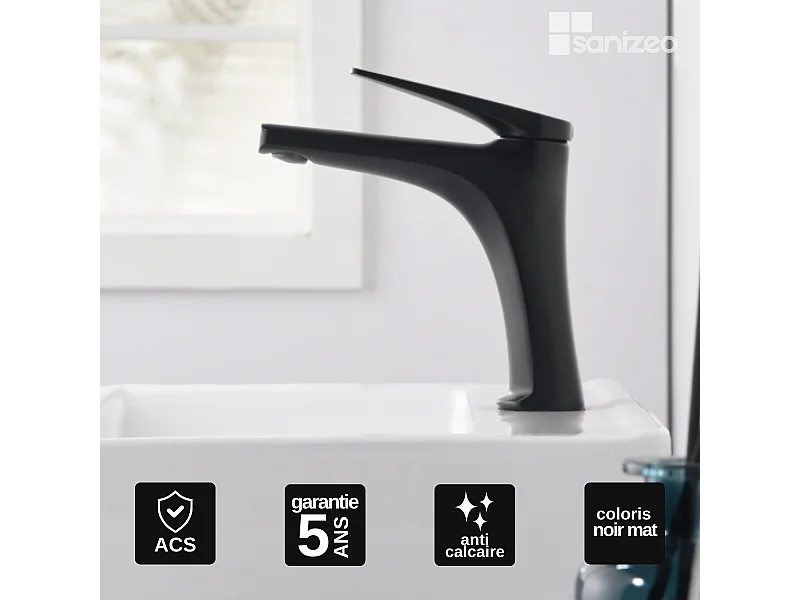 Mitigeur Lavabo Salle de Bain noir mat – Bec Bas Anti-Calcaire – Design moderne - DELOS IMEX