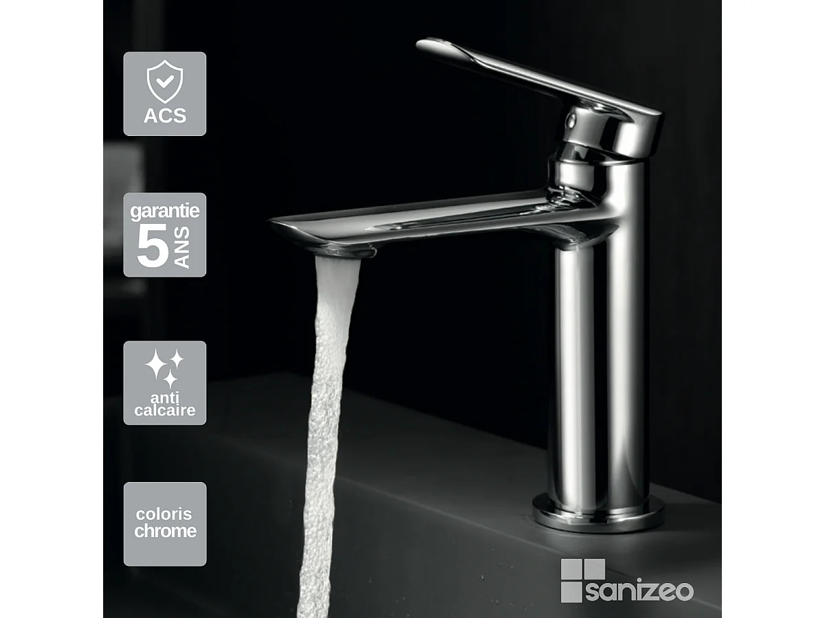 Mitigeur Lavabo Salle de Bain chromé – Bec Bas Anti-Calcaire – Design moderne - URAL IMEX