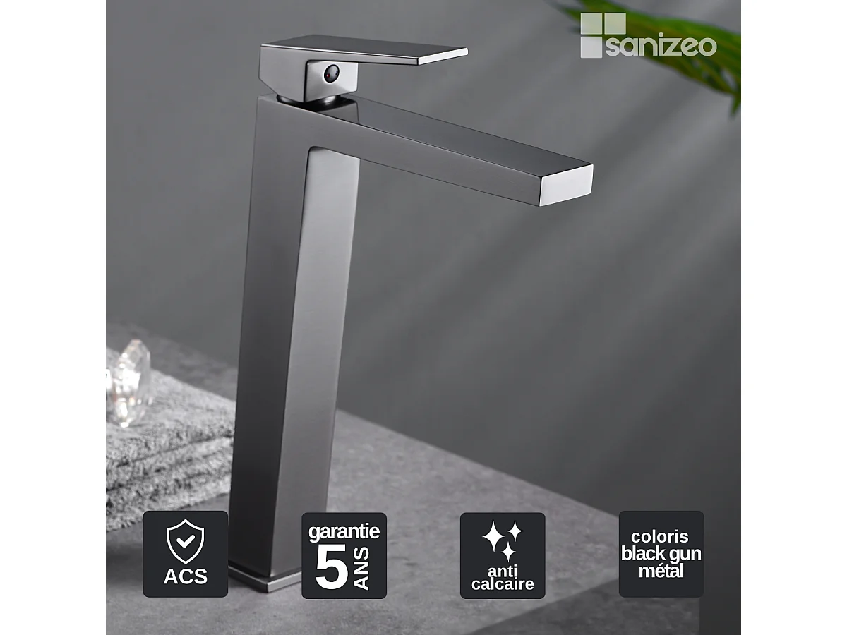 Mitigeur Lavabo Salle de Bain noir métal – Bec Haut Anti-Calcaire – Design moderne - ART IMEX