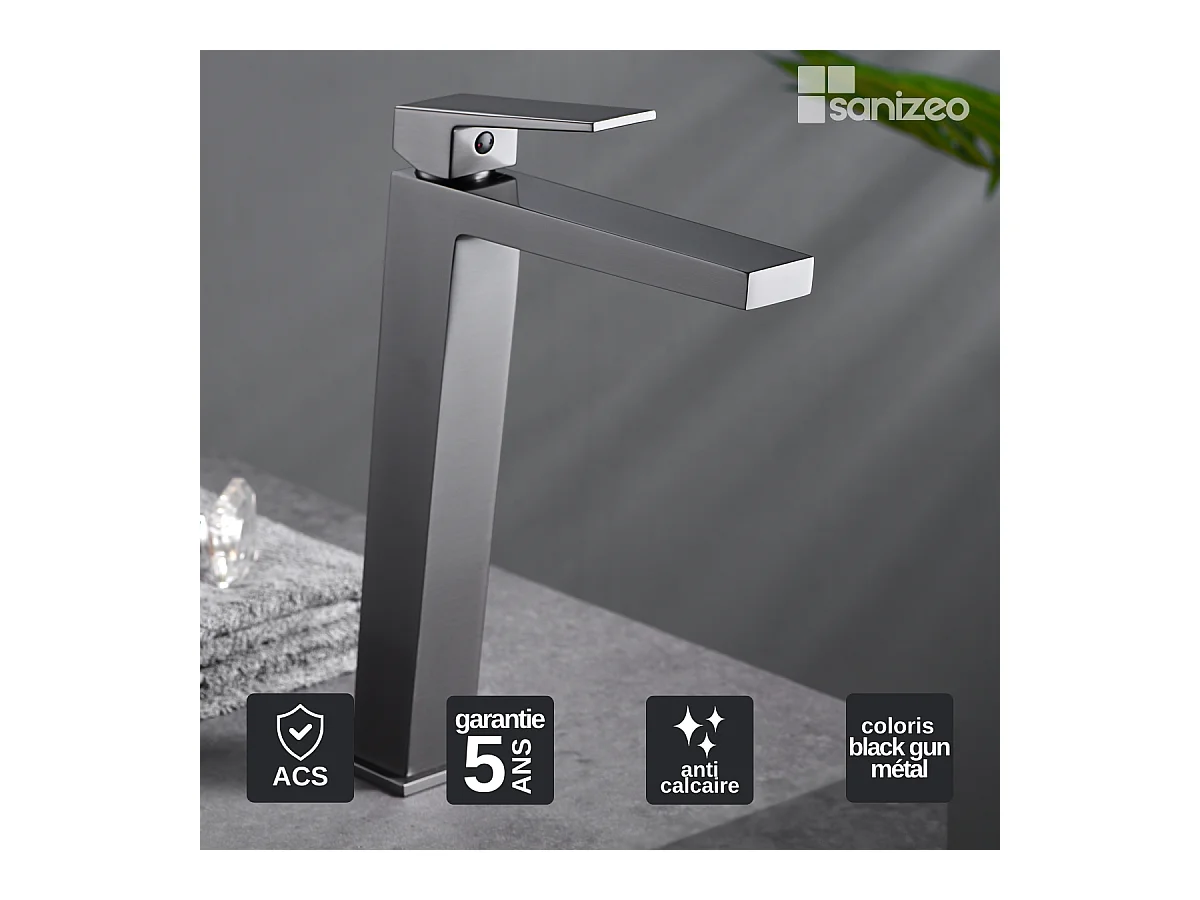 Robinet Mitigeur de Lavabo Anti-Calcaire Bec Haut Black Gun Métal IMEX ART BDAR025-3BGM