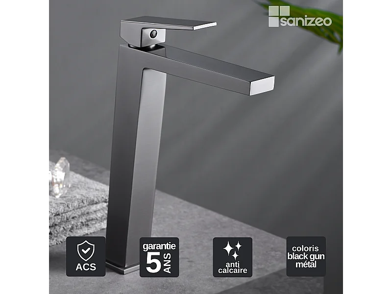 Mitigeur Lavabo Salle de Bain noir métal – Bec Haut Anti-Calcaire – Design moderne - ART IMEX