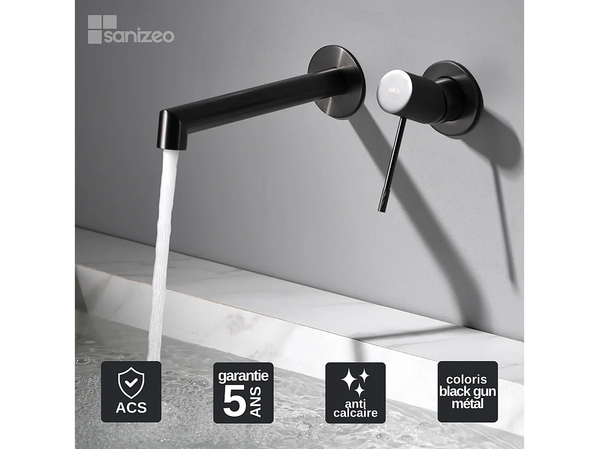 Mitigeur Lavabo Encastré Salle de Bain noir métal – Anti-Calcaire – Design moderne - LINE IMEX