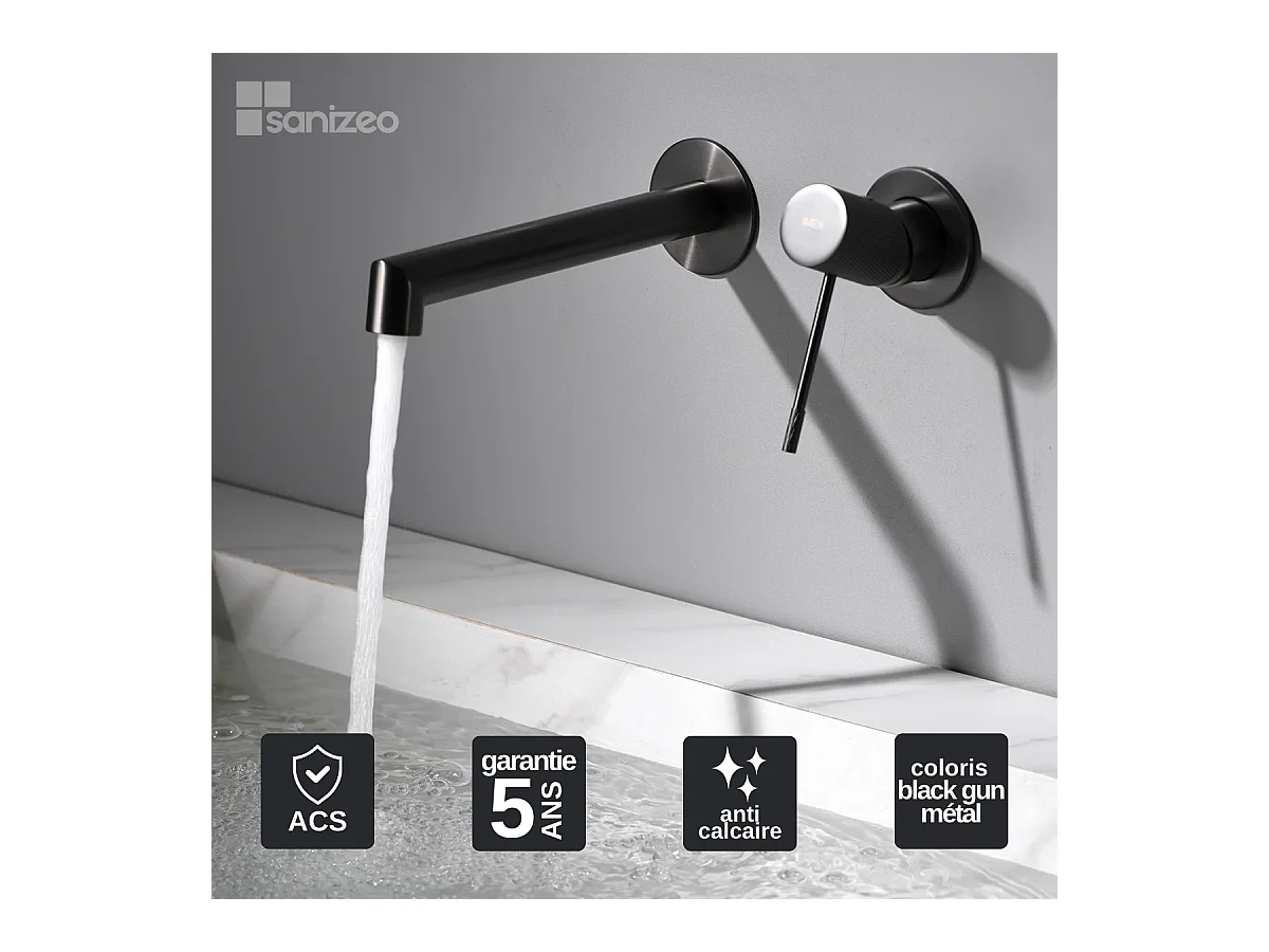 Robinet Mitigeur de Lavabo Encastré Anti-Calcaire Black Gun Métal IMEX LINE GLD038/BGM
