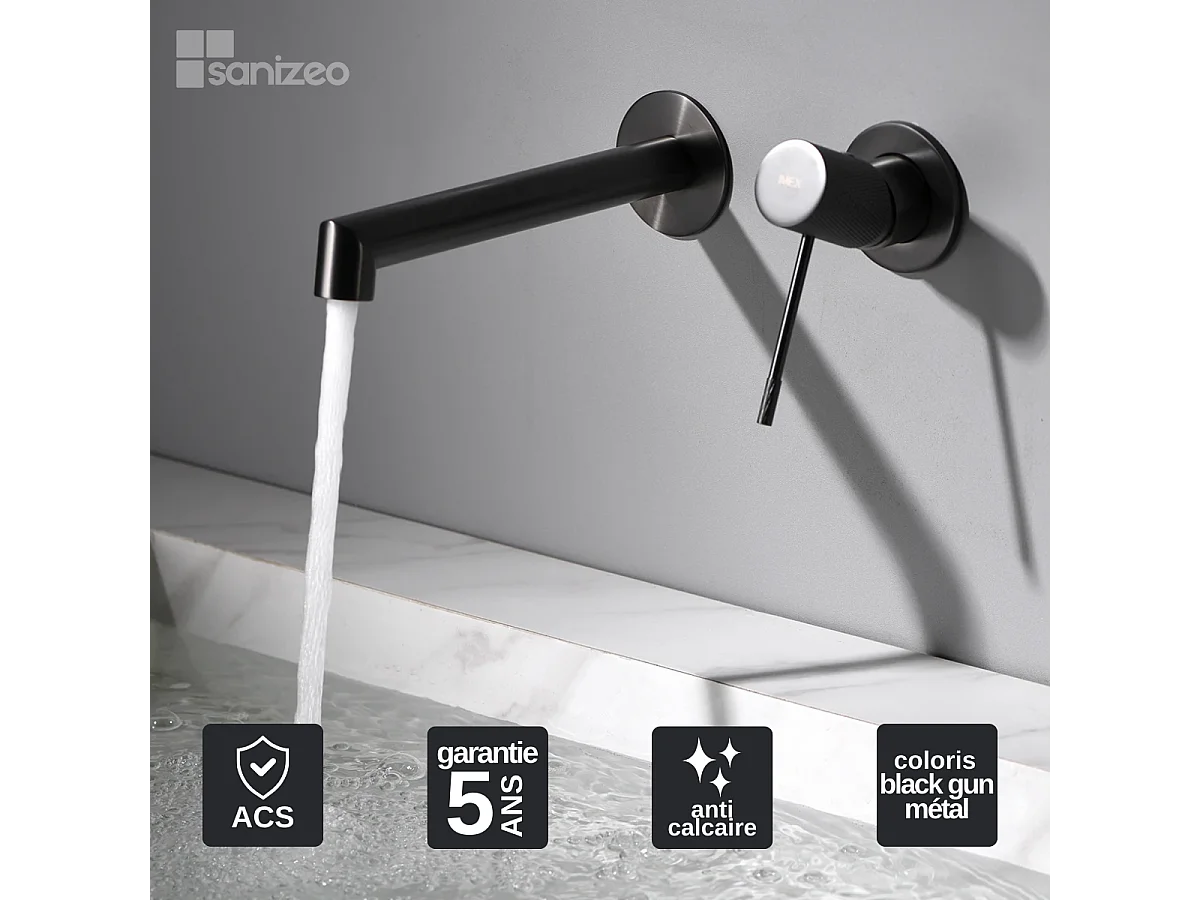 Mitigeur Lavabo Encastré Salle de Bain noir métal – Anti-Calcaire – Design moderne - LINE IMEX