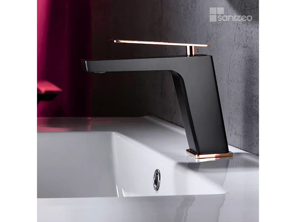Mitigeur Lavabo Salle de Bain noir/or rose – Bec Bas Anti-Calcaire – Design Moderne - SUECIA IMEX