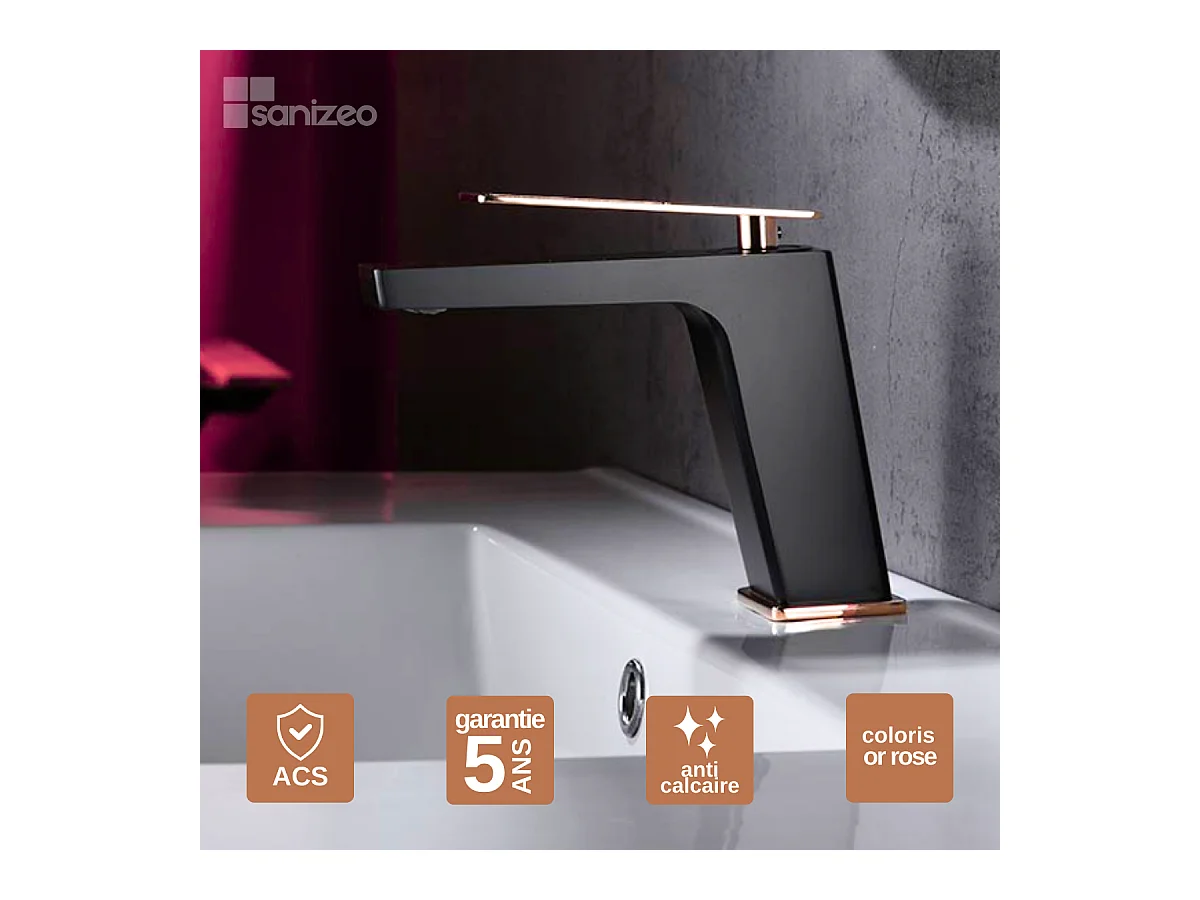 Robinet Mitigeur de Lavabo Anti-Calcaire Bec Bas Noir Mat et Or Rose Cuivré IMEX SUECIA BDC032-1NOR