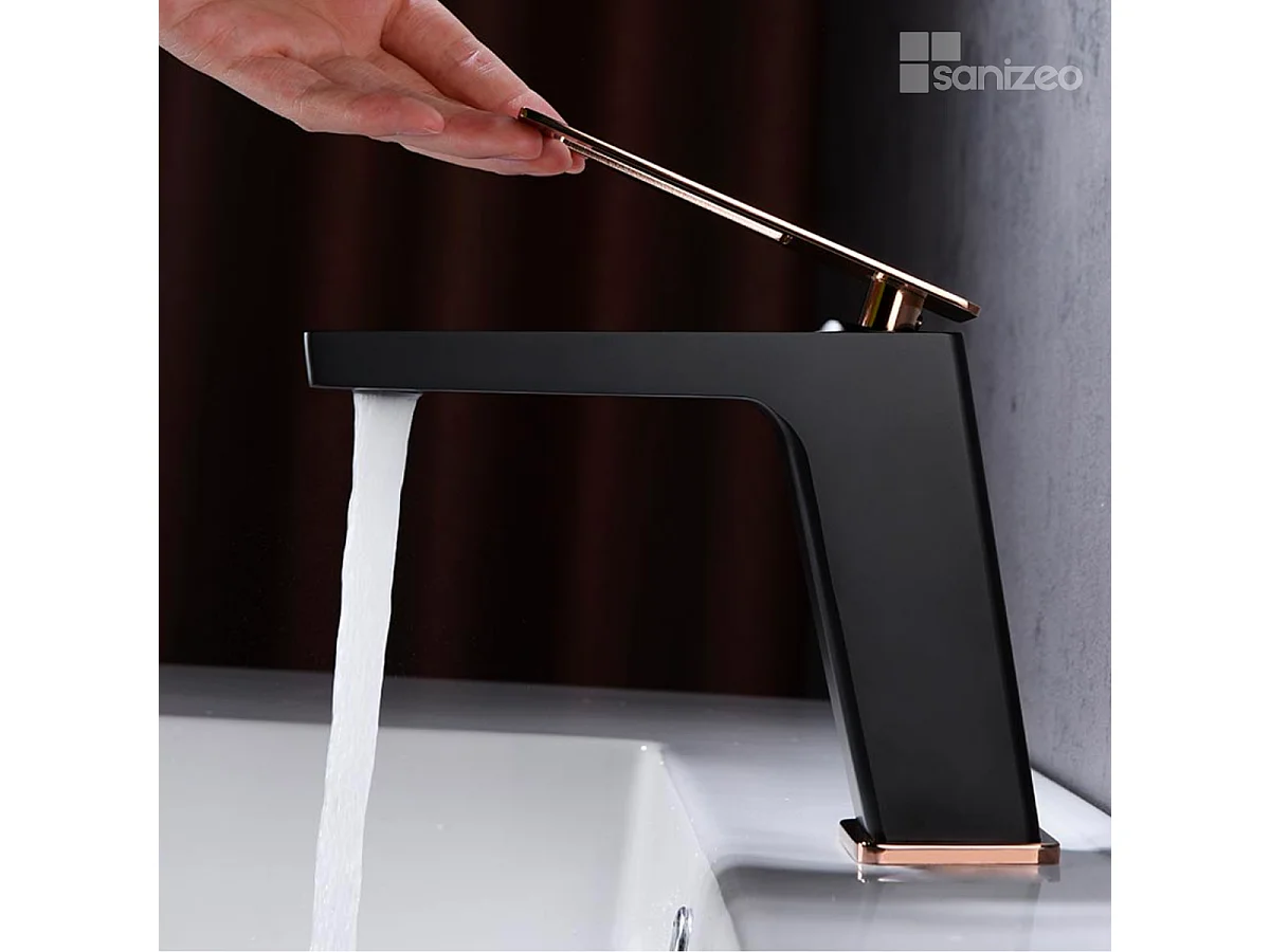 Mitigeur Lavabo Salle de Bain noir/or rose – Bec Bas Anti-Calcaire – Design Moderne - SUECIA IMEX