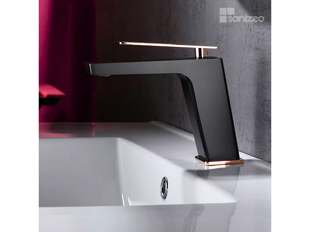 Mitigeur Lavabo Salle de Bain noir/or rose – Bec Bas Anti-Calcaire – Design Moderne - SUECIA IMEX