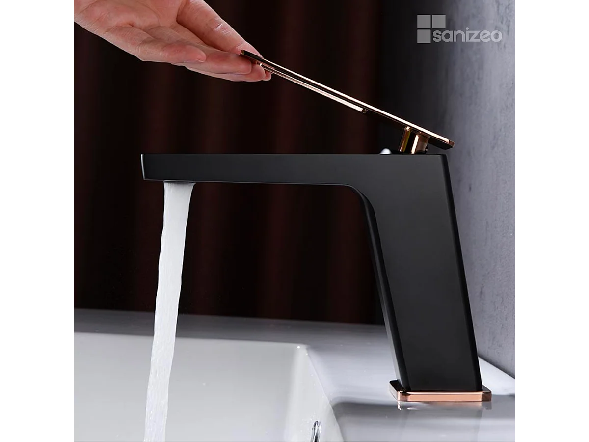 Mitigeur Lavabo Salle de Bain noir/or rose – Bec Bas Anti-Calcaire – Design Moderne - SUECIA IMEX