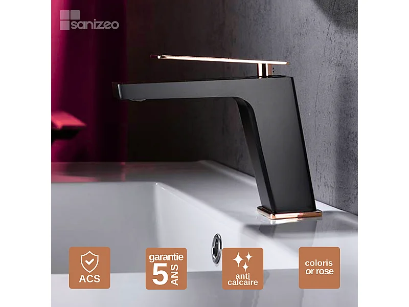 Mitigeur Lavabo Salle de Bain noir/or rose – Bec Bas Anti-Calcaire – Design Moderne - SUECIA IMEX