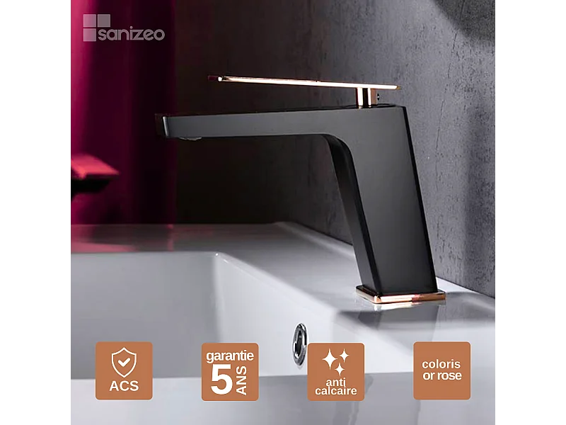 Mitigeur Lavabo Salle de Bain noir/or rose – Bec Bas Anti-Calcaire – Design Moderne - SUECIA IMEX