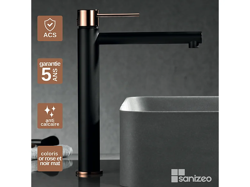 Mitigeur Lavabo Salle de Bain noir/or – Bec Haut Anti-Calcaire – Design Moderne - MILOS STICK IMEX