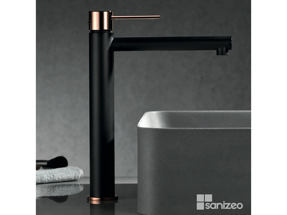 Mitigeur Lavabo Salle de Bain noir/or – Bec Haut Anti-Calcaire – Design Moderne - MILOS STICK IMEX