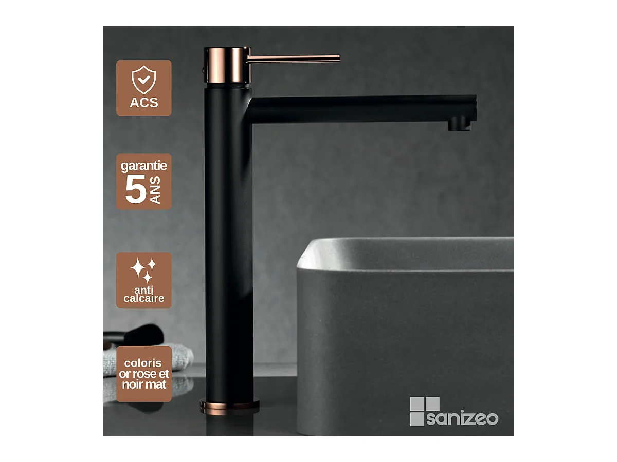 Robinet Mitigeur de Lavabo Anti-Calcaire Bec Haut Noir Mat et Or Rose Cuivré IMEX MILOS STICK BDYS045-3NOR
