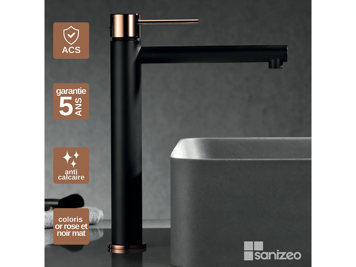 Mitigeur Lavabo Salle de Bain noir/or – Bec Haut Anti-Calcaire – Design Moderne - MILOS STICK IMEX