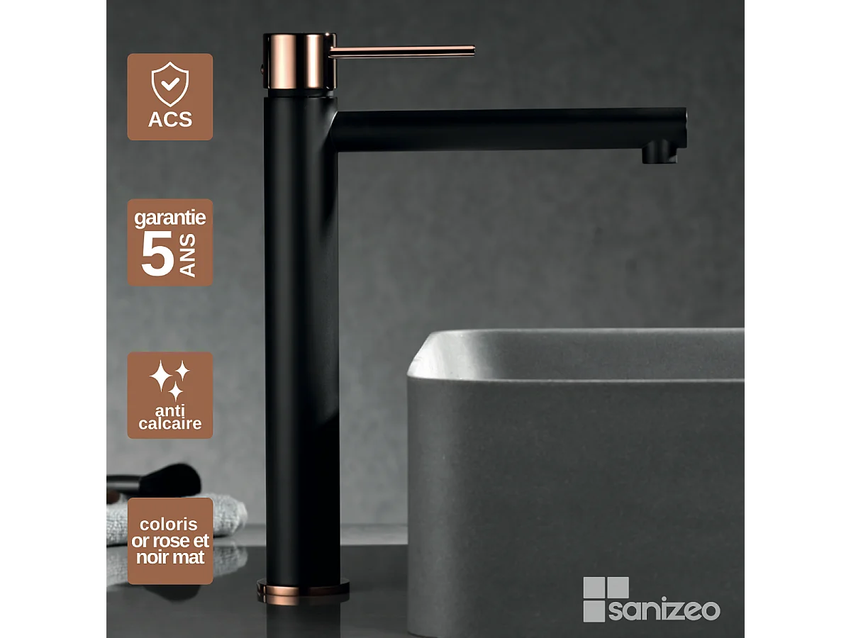 Mitigeur Lavabo Salle de Bain noir/or – Bec Haut Anti-Calcaire – Design Moderne - MILOS STICK IMEX