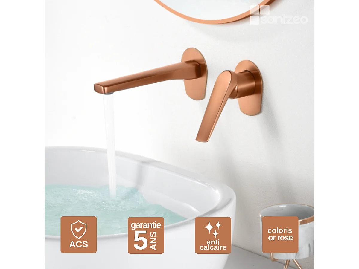 Mitigeur Lavabo Encastré Salle de Bain or rose cuivré – Anti-Calcaire – Design Moderne - DELOS IMEX