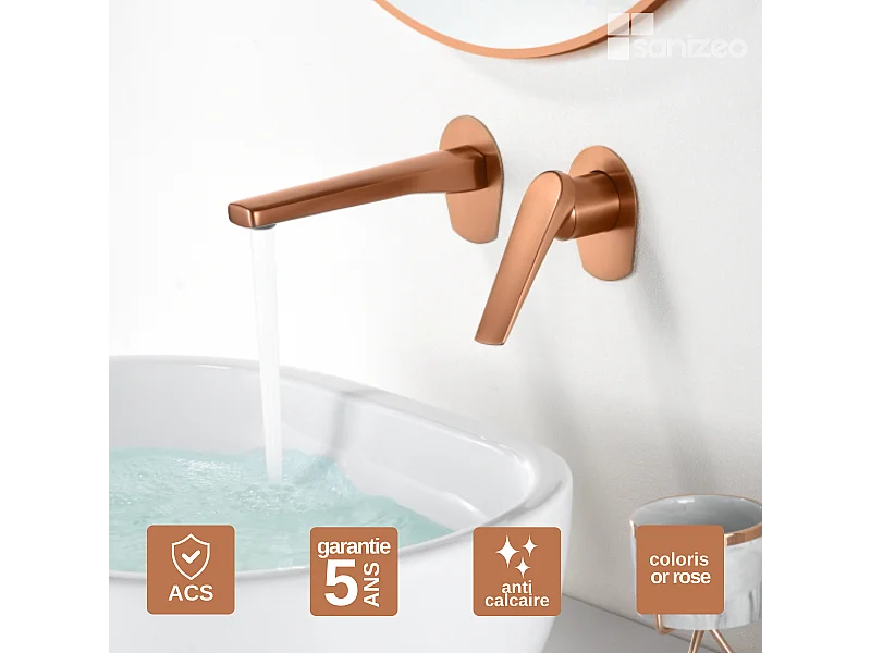 Mitigeur Lavabo Encastré Salle de Bain or rose cuivré – Anti-Calcaire – Design Moderne - DELOS IMEX