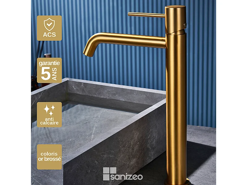 Robinet Mitigeur de Lavabo Anti-Calcaire Bec Haut Or Brossé IMEX MONZA BDM039-3OC