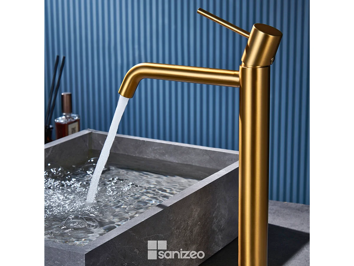 Robinet Mitigeur de Lavabo Anti-Calcaire Bec Haut Or Brossé IMEX MONZA BDM039-3OC